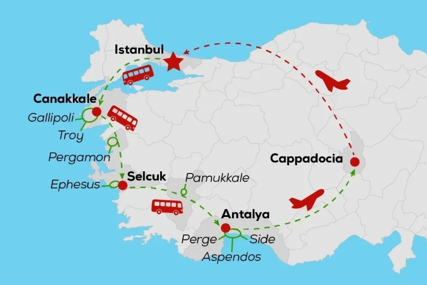 12-Day Turkey Itinerary: Istanbul, Gallipoli, Antalya & Cappadocia route map